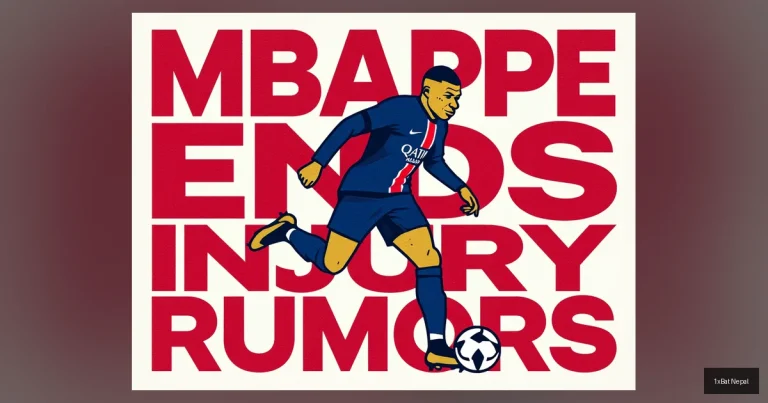 Flat vector art poster of Kylian Mbappe running with a football. Bold text reads 'MBAPPE ENDS INJURY RUMORS' in a minimalist screen-print style with navy blue, crimson red, and gold colors.