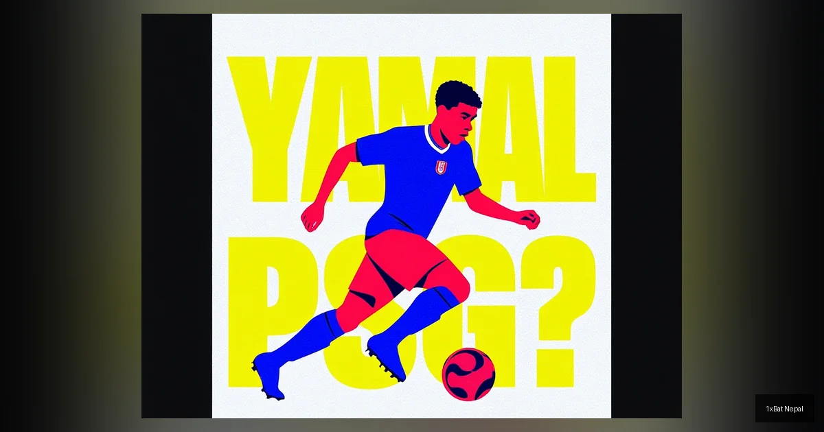 Flat vector art poster of Barcelona's Lamine Yamal dribbling, with bold text 'YAMAL TO PSG?' in blocky typography, featuring navy blue, yellow, and red colors, illustrating hypothetical PSG transfer debate.