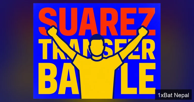 Flat vector art poster of Sporting CP striker Jhon Suarez celebrating a goal with Liverpool and Newcastle transfer battle headline text in bold typography.