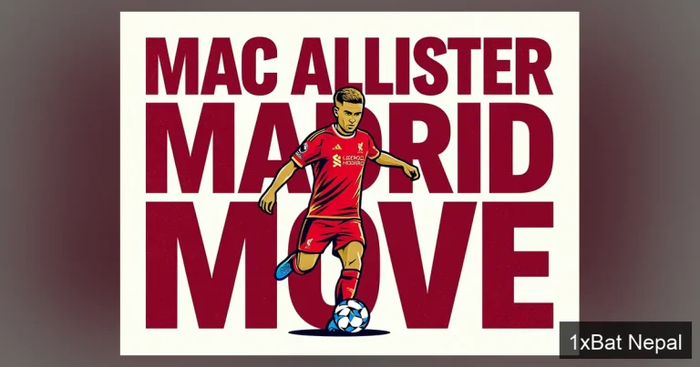 Flat vector art poster of Liverpool midfielder Alexis Mac Allister in red kit controlling football with bold text 'MAC ALLISTER MADRID MOVE' about potential Real Madrid transfer speculation