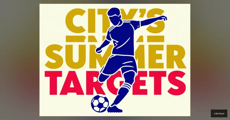 Flat vector art poster of Joao Neves kicking a soccer ball with bold text 'CITY'S SUMMER TARGETS' behind him, representing Manchester City's 2026 transfer strategy in a minimalist screen-print style.