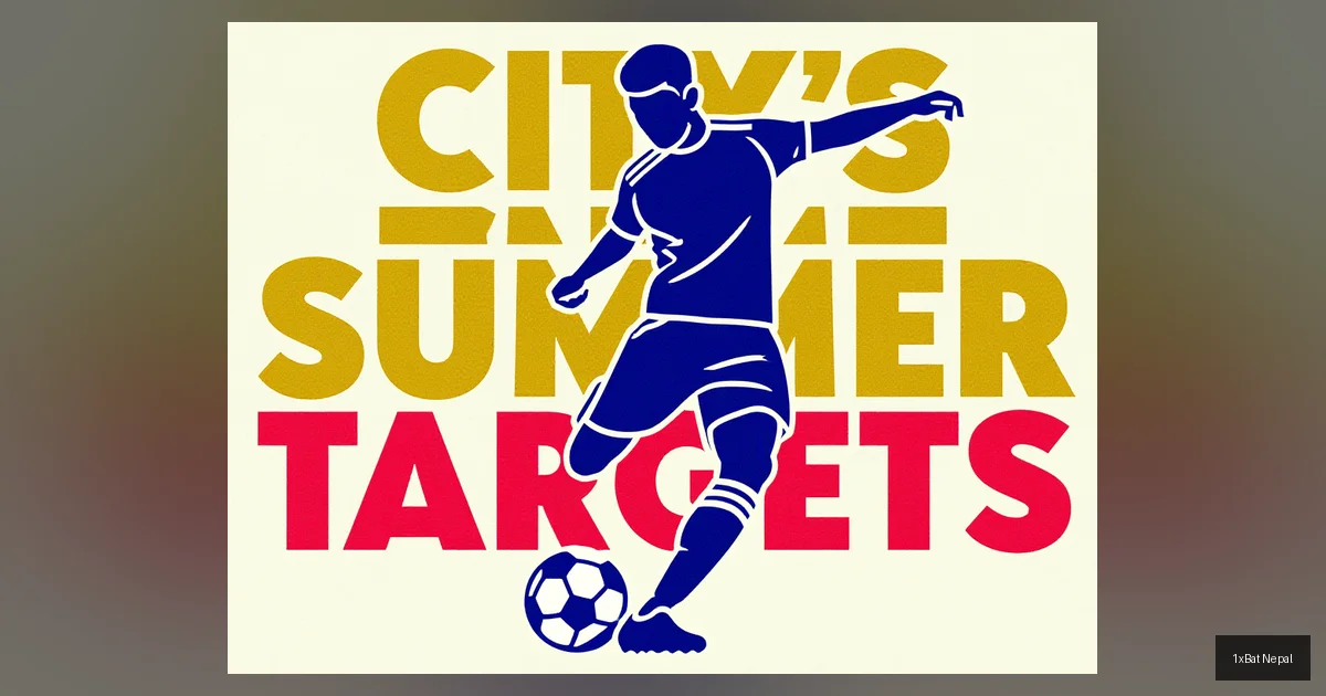 Flat vector art poster of Joao Neves kicking a soccer ball with bold text 'CITY'S SUMMER TARGETS' behind him, representing Manchester City's 2026 transfer strategy in a minimalist screen-print style.