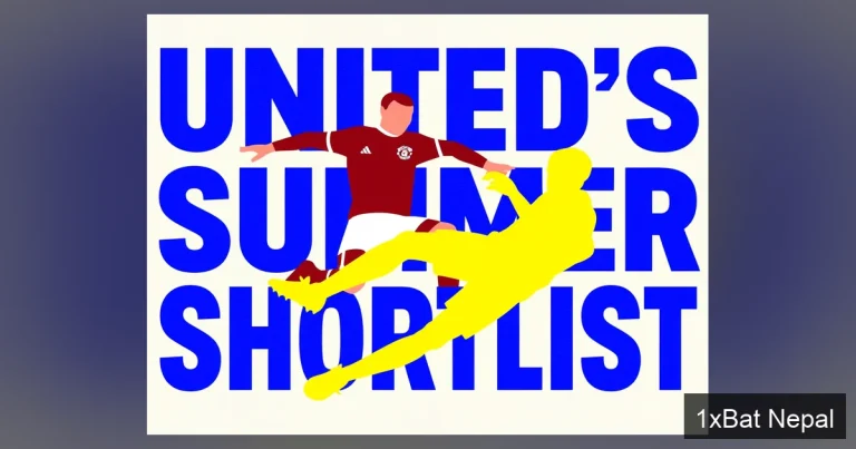 Screen-printed graphic poster of Carlos Baleba in Manchester United kit making a tackle, with bold text 'UNITED'S SUMMER SHORTLIST' behind him, in flat vector art style with dark red, yellow, and blue colors.