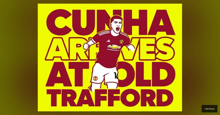 Flat vector art poster of Matheus Cunha celebrating in Manchester United kit with bold text 'CUNHA ARRIVES AT OLD TRAFFORD' for football transfer news.