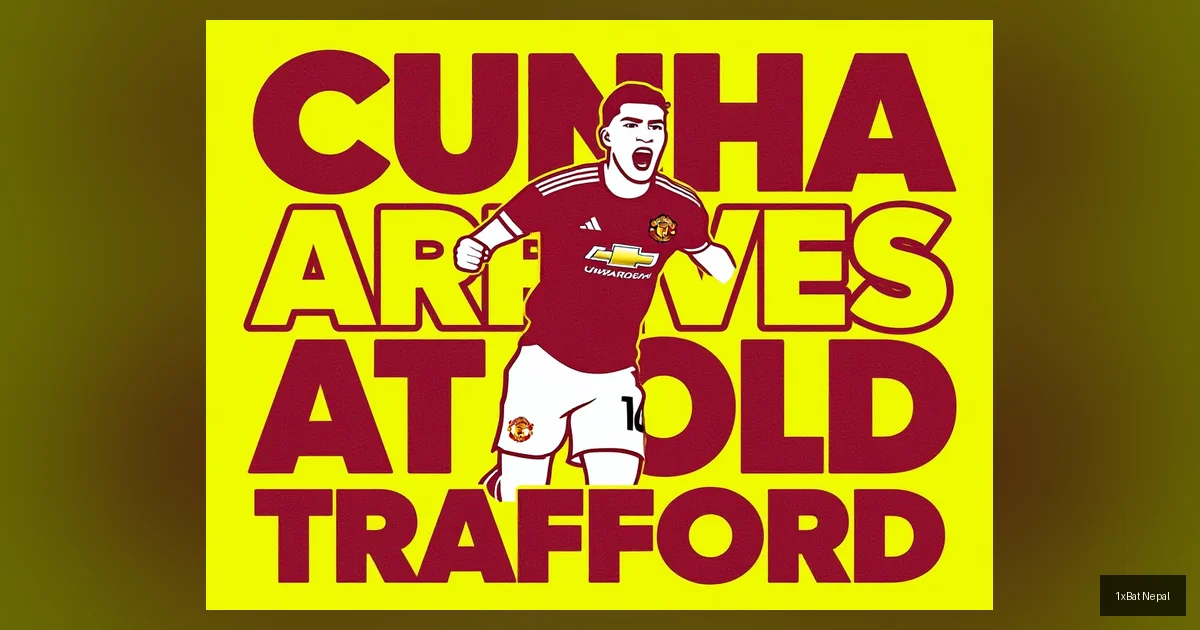Flat vector art poster of Matheus Cunha celebrating in Manchester United kit with bold text 'CUNHA ARRIVES AT OLD TRAFFORD' for football transfer news.