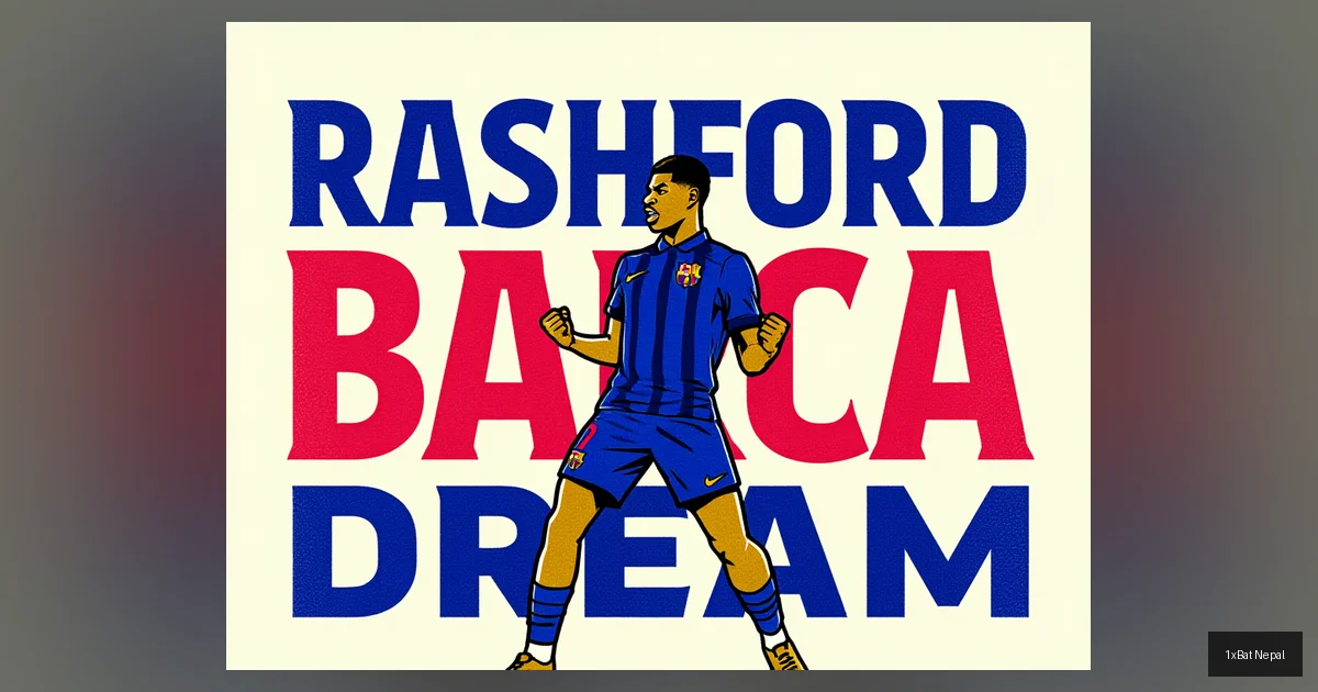 Marcus Rashford Barcelona celebration screen-print poster with bold RASHFORD BARCA DREAM typography in flat vector art style using navy blue, crimson red, and gold colors