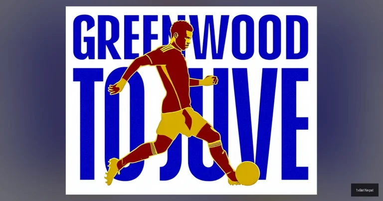 Flat vector art poster of Mason Greenwood in Juventus kit dribbling with bold text 'GREENWOOD TO JUVE' - illustrating his potential transfer from Marseille to Juventus in Serie A.