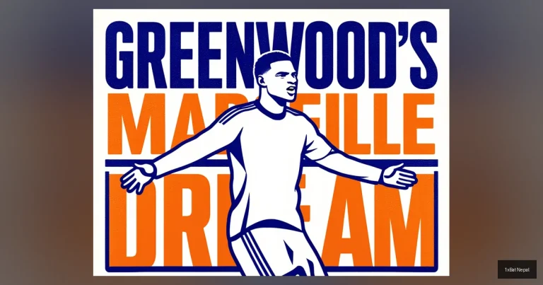 Flat vector art poster of Mason Greenwood celebrating a goal for Marseille with bold text reading 'Greenwood's Marseille Dream' in orange and white colors, minimalist screen-print style