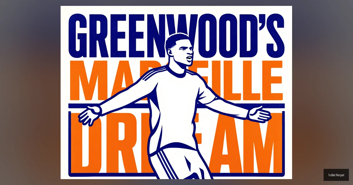 Flat vector art poster of Mason Greenwood celebrating a goal for Marseille with bold text reading 'Greenwood's Marseille Dream' in orange and white colors, minimalist screen-print style