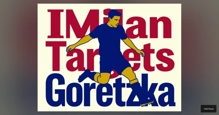 Flat vector art poster of Leon Goretzka in action with bold text 'Milan Targets Goretzka' in Rossoneri red and gold, illustrating AC Milan's transfer pursuit of the Bayern Munich midfielder.