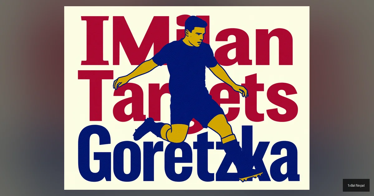 Flat vector art poster of Leon Goretzka in action with bold text 'Milan Targets Goretzka' in Rossoneri red and gold, illustrating AC Milan's transfer pursuit of the Bayern Munich midfielder.