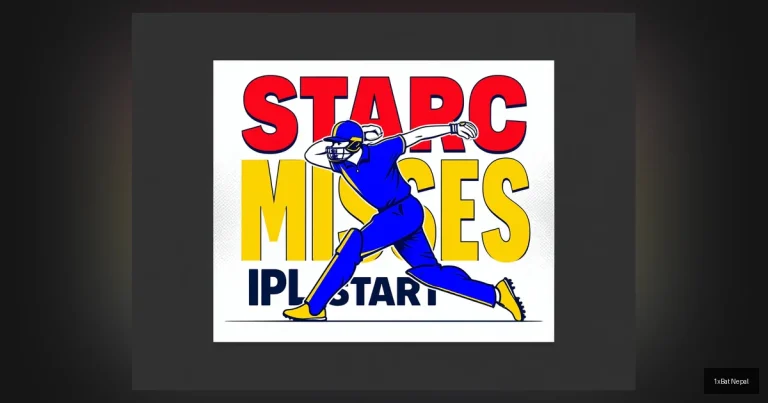 Graphic poster illustration of Australian cricketer Mitchell Starc bowling with left-arm action in flat vector style with bold text reading 'STARC MISSES IPL START' - Delhi Capitals IPL 2026 update artwork