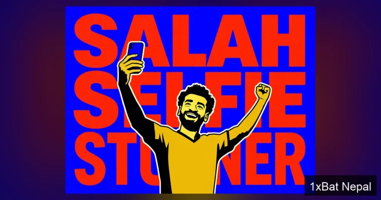 Mohamed Salah celebrating Liverpool goal with fan selfie - flat vector art poster design with bold typography reading 'Salah Selfie Stunner' in Premier League colors