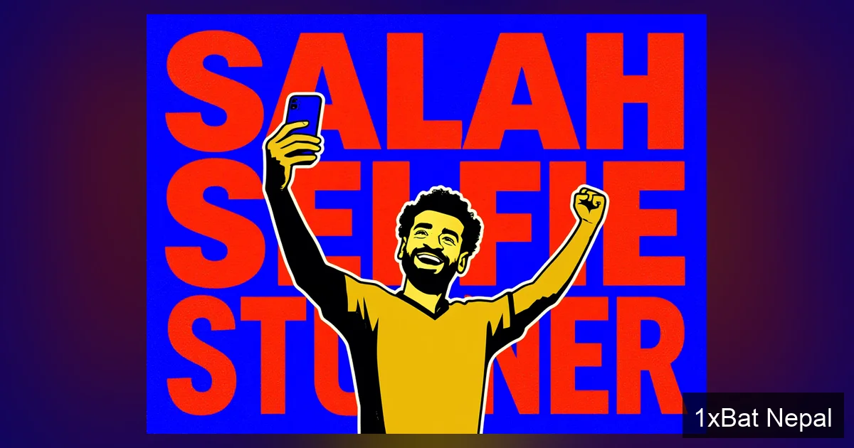 Mohamed Salah celebrating Liverpool goal with fan selfie - flat vector art poster design with bold typography reading 'Salah Selfie Stunner' in Premier League colors