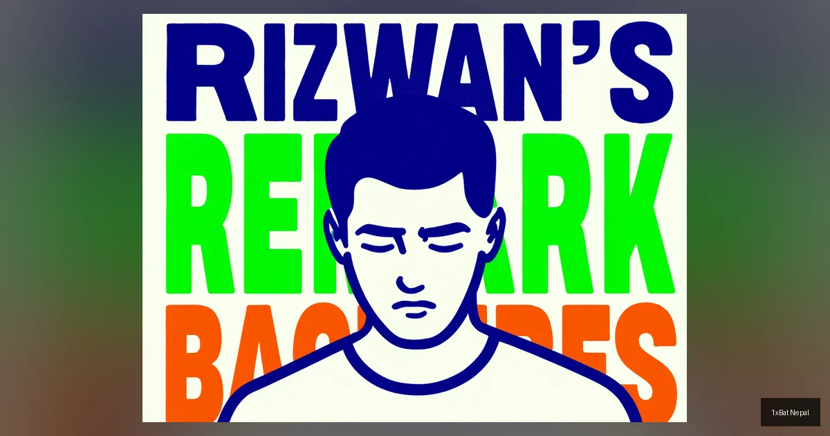 Flat vector art poster of Pakistan cricketer Mohammad Rizwan looking dejected after dismissal, with bold text 'Rizwan's Remark Backfires' referencing his viral T20 World Cup comment and India vs Pakistan rivalry.