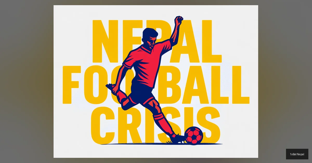 A flat vector art poster of a Nepali football player kicking a ball, with bold text 'NEPAL FOOTBALL CRISIS' in block letters, representing the attendance decline in domestic leagues.