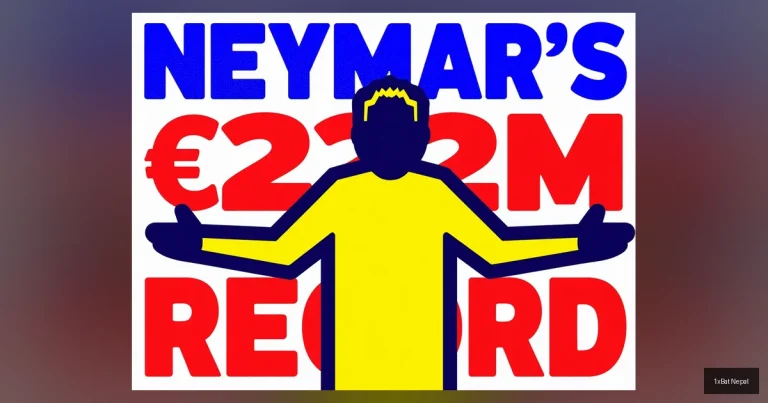 Flat vector art of Neymar celebrating a goal with bold text 'NEYMAR'S €222M RECORD' in a screen-printed poster style, highlighting football's record transfer fee.