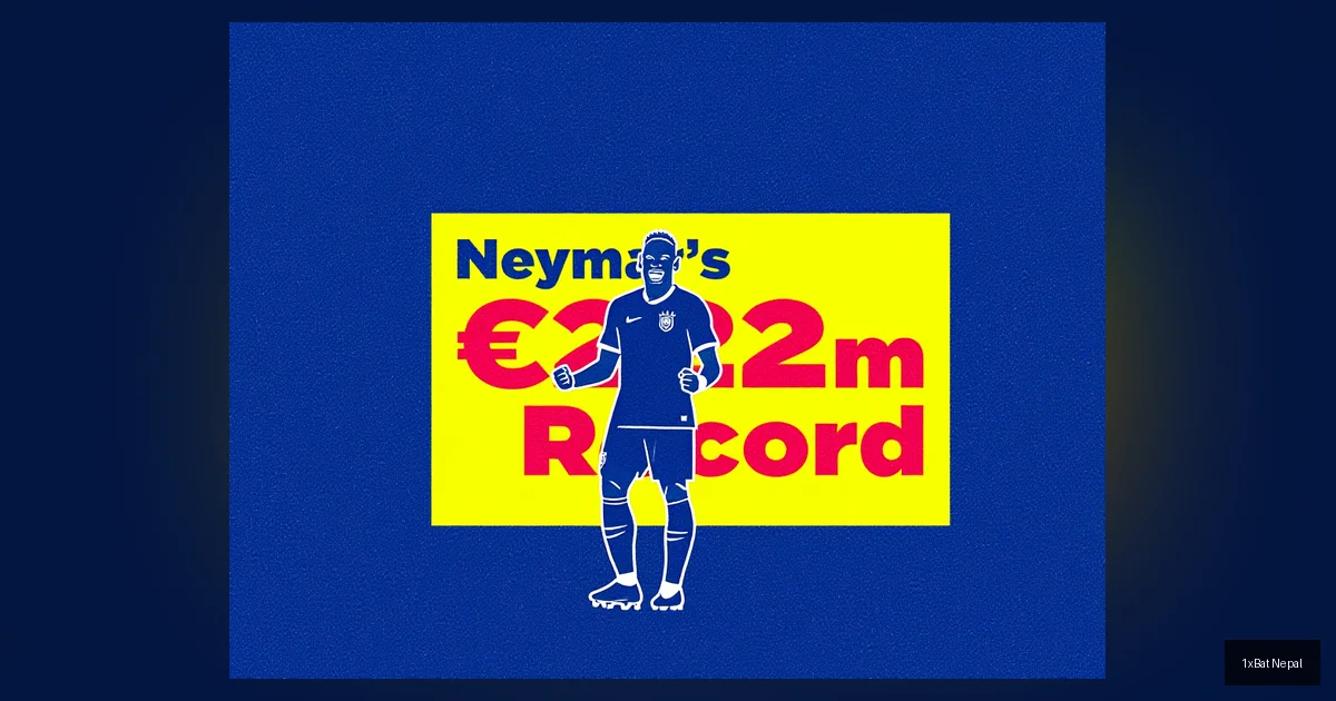 Flat vector art poster of Neymar celebrating a goal with bold text 'Neymar's €222m Record' in blocky typography, representing the record-breaking football transfer to PSG.