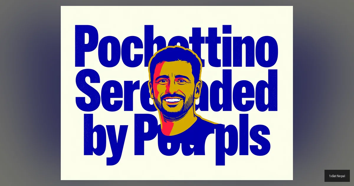 Flat vector art poster of USMNT boss Mauricio Pochettino smiling and waving, with bold text 'Pochettino Serenaded by Spurs' in blocky typography, capturing emotional flight moment with Tottenham fans.