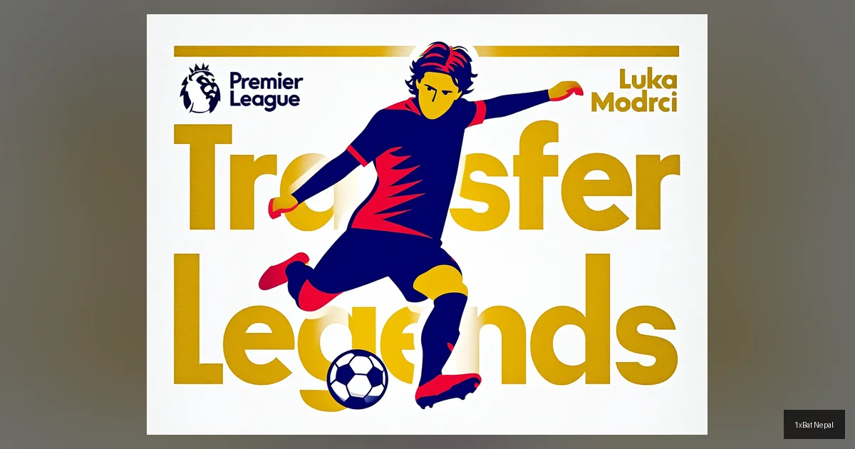 Flat vector art of Luka Modrić in action with bold Premier League Transfer Legends text, showcasing iconic football transfers in a minimalist screen-print style.