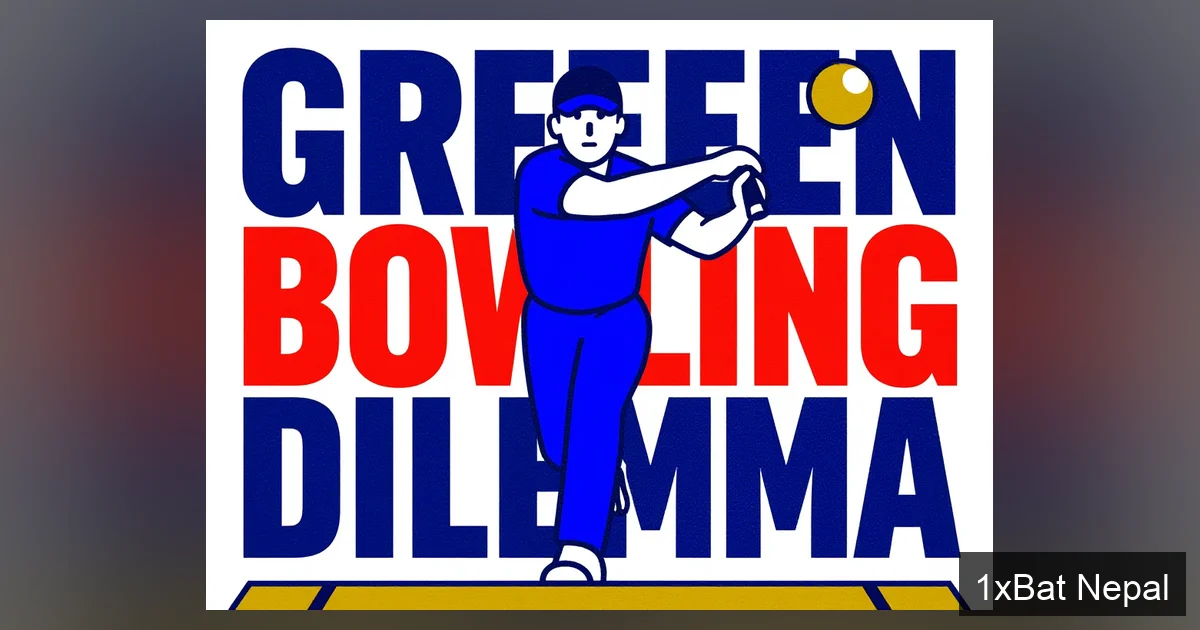 Flat vector art poster of Australian cricketer Cameron Green bowling, with bold text 'GREEN BOWLING DILEMMA' highlighting Australia's cricket team balance crisis and selection issues.