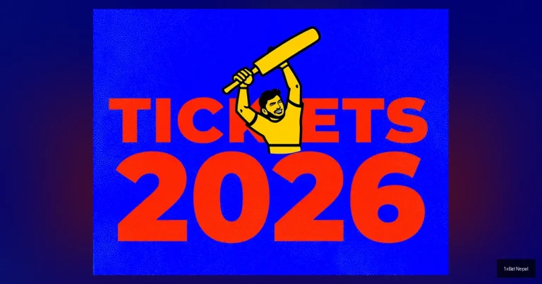 Flat vector art poster of Virat Kohli celebrating with bat, featuring bold RCB TICKETS 2026 text in royal blue, red, and gold colors for IPL 2026 ticket guide.