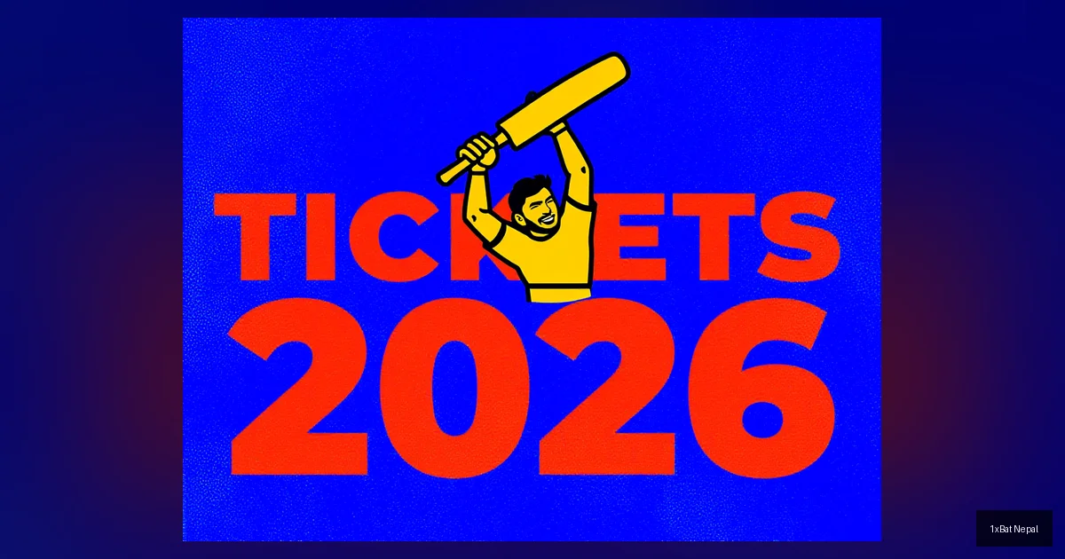 Flat vector art poster of Virat Kohli celebrating with bat, featuring bold RCB TICKETS 2026 text in royal blue, red, and gold colors for IPL 2026 ticket guide.
