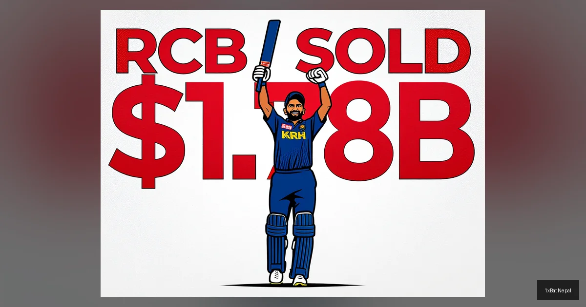 Flat vector art poster of Virat Kohli celebrating with bold text 'RCB SOLD $1.78B' in navy blue, crimson red, and gold, representing the Royal Challengers Bengaluru franchise sale.