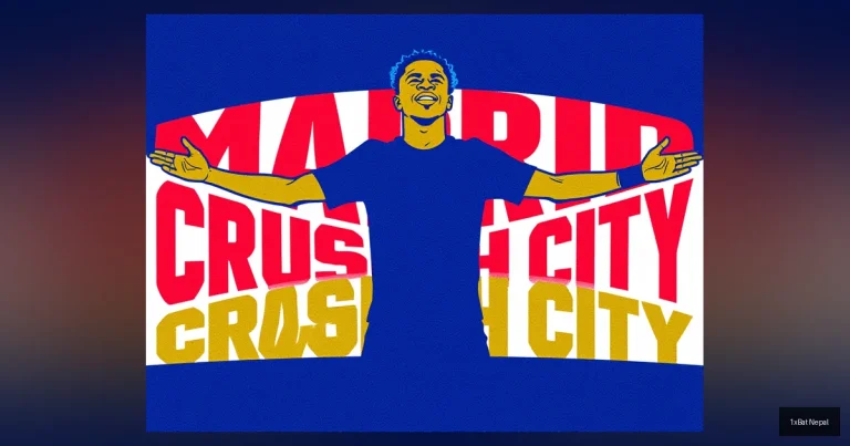 Screen-printed poster of Vinícius Júnior celebrating a goal with Madrid Crush City text in bold typography, flat vector art in navy blue, crimson red, and gold yellow colors