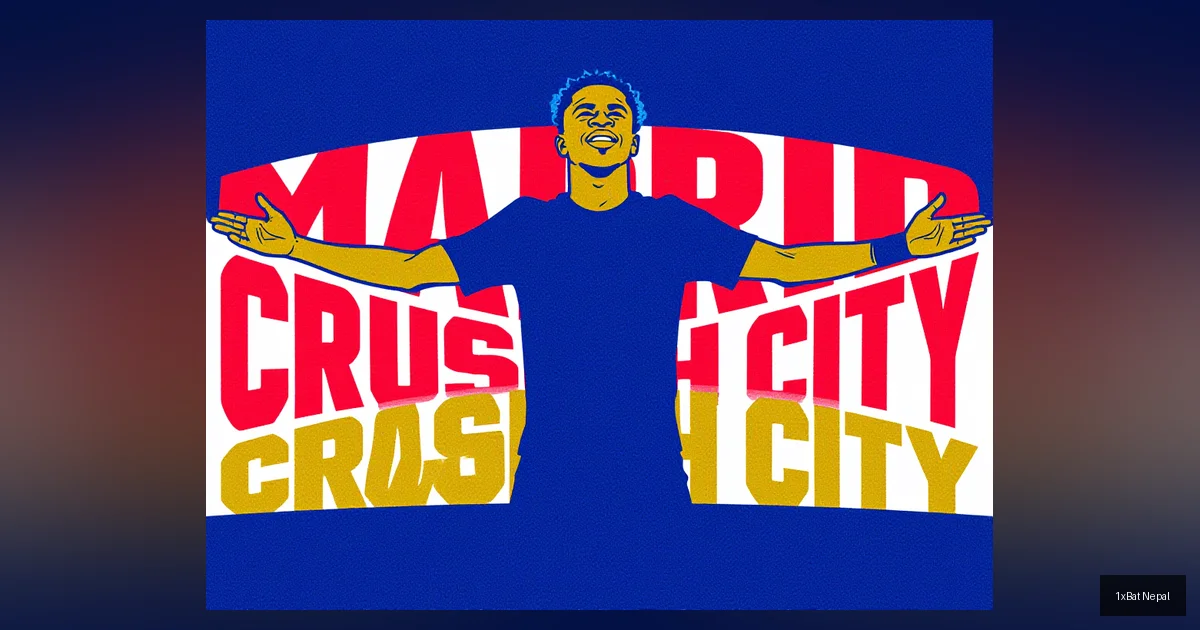 Screen-printed poster of Vinícius Júnior celebrating a goal with Madrid Crush City text in bold typography, flat vector art in navy blue, crimson red, and gold yellow colors