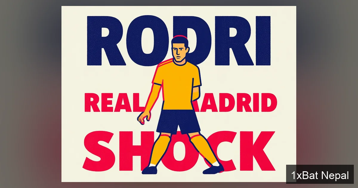 Flat vector art poster of Manchester City midfielder Rodri making a pass with bold text reading 'RODRI REAL MADRID SHOCK' in block letters, using navy blue, crimson red, and gold yellow color scheme with halftone texture.