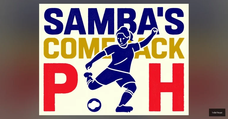 Flat vector art poster of Nepali football star Sabitra Bhandari (Samba) kicking a ball, with bold text 'SAMBA'S COMEBACK PATH' behind her, illustrating her recovery from knee surgery.