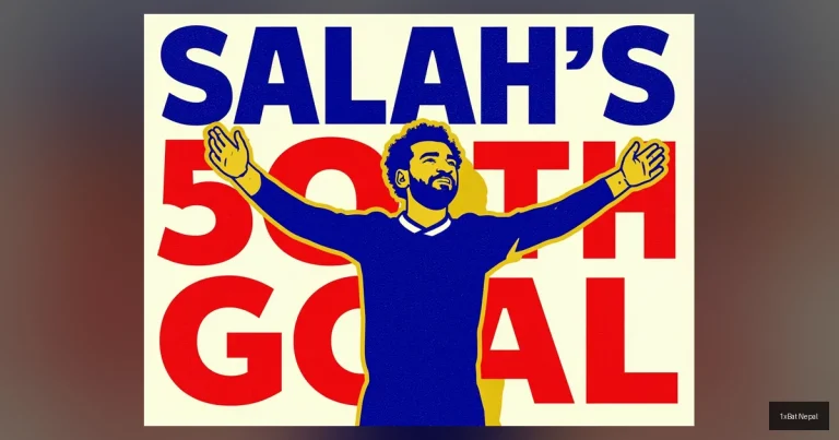 Flat vector art poster of Mohamed Salah celebrating his 50th Champions League goal for Liverpool, with bold text 'SALAH'S 50TH GOAL' in a minimalist screen-print style.
