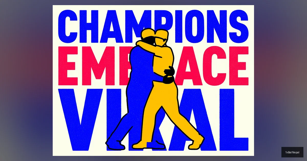 Flat vector art poster of Sanju Samson and KL Rahul embracing at BCCI Naman Awards, with bold CHAMPIONS EMBRACE VIRAL text, celebrating T20 World Cup victory and viral cricket moment.