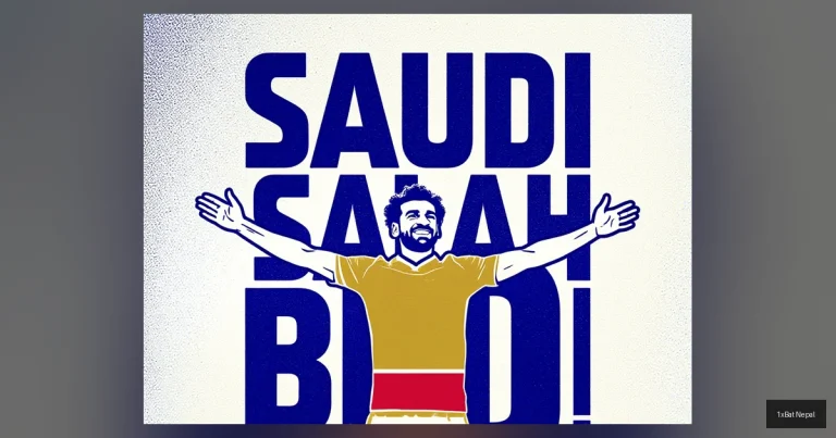 Flat vector art poster of Liverpool star Mohamed Salah celebrating a goal with bold text 'SAUDI SALAH BID' behind him, illustrating Saudi Arabia's transfer pursuit of the Egyptian footballer in minimalist screen-print style.