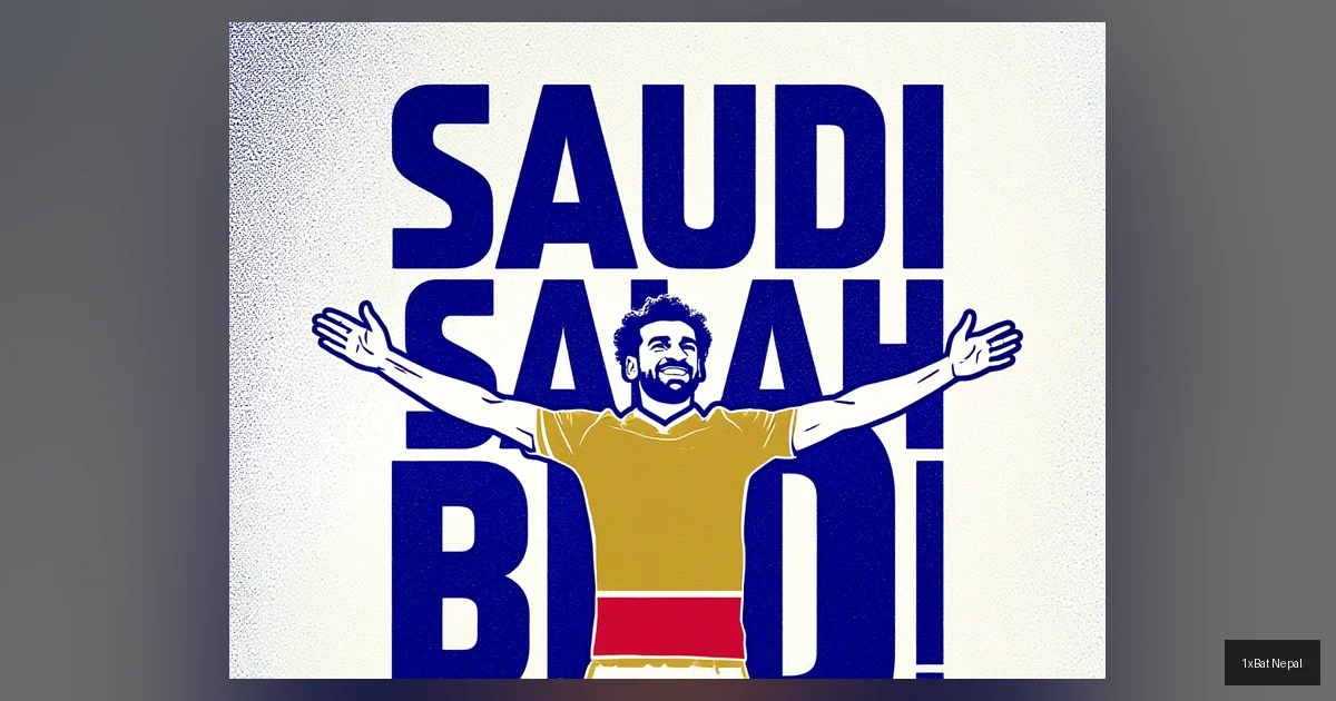 Flat vector art poster of Liverpool star Mohamed Salah celebrating a goal with bold text 'SAUDI SALAH BID' behind him, illustrating Saudi Arabia's transfer pursuit of the Egyptian footballer in minimalist screen-print style.