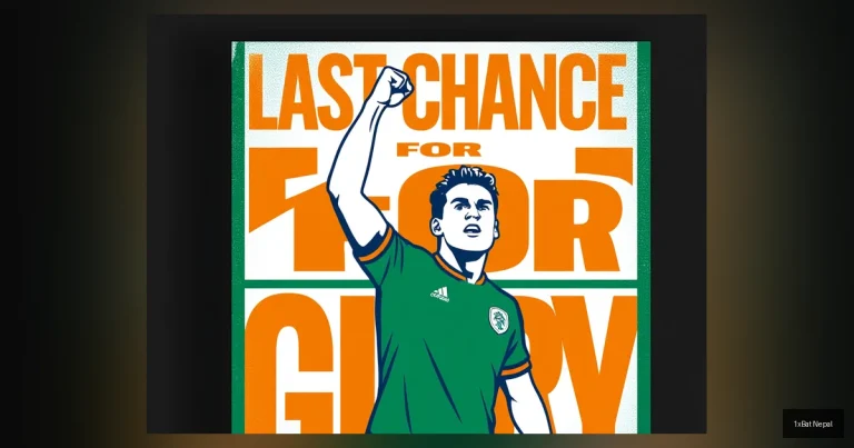 Screen-printed poster of Ireland captain Séamus Coleman celebrating in green kit with bold text 'LAST CHANCE FOR GLORY' for World Cup playoff vs Czechia.
