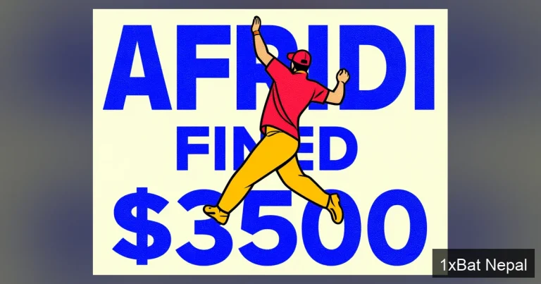 Flat vector illustration of Pakistan cricket star Shaheen Afridi bowling with bold text reading 'AFRIDI FINED $3500' representing Lahore Qalandars PSL security breach disciplinary action