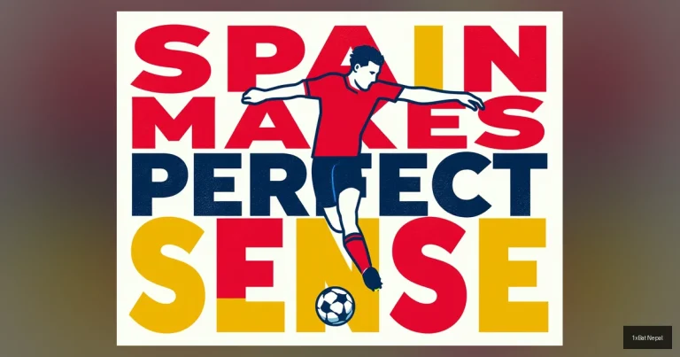 Screen-printed vector art poster of Spanish footballer passing with bold text 'SPAIN MAKES PERFECT SENSE' - Euro 2024 favorites analysis graphic design