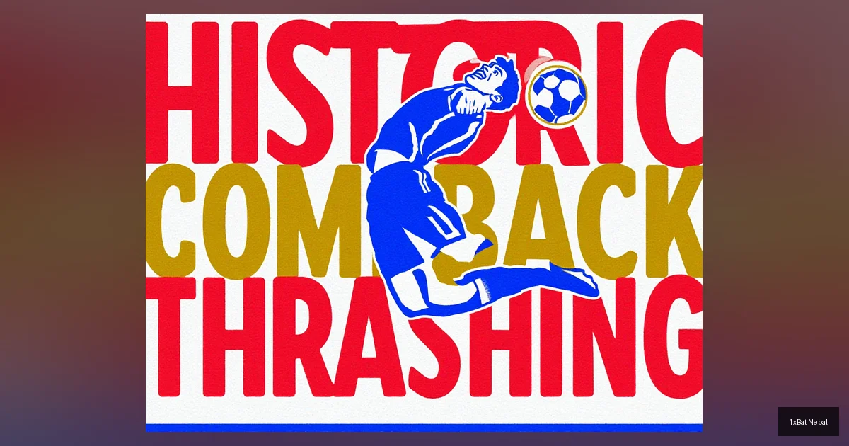 Flat vector art poster of Sporting Lisbon's Goncalo Inacio heading a soccer ball during their historic 5-0 Champions League comeback thrashing against Bodo/Glimt, with bold typography reading 'Historic Comeback Thrashing' in a minimalist design.