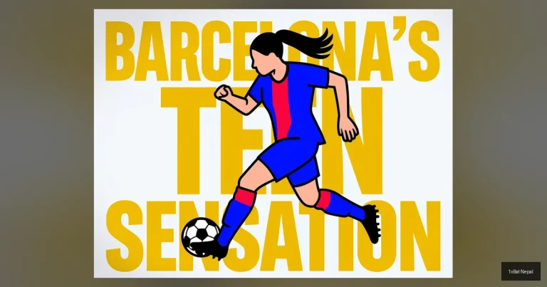 Flat vector art poster of Barcelona teenage wonder kid Sydney Schertenleib dribbling a football, with bold text 'Barcelona's Teen Sensation' in a screen-printed style with navy blue, crimson red, and gold colors.