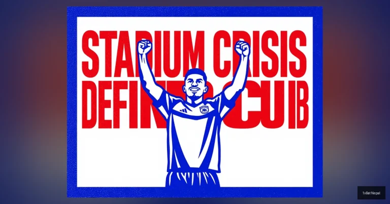 Screen-printed poster design of a Türkgücü München footballer celebrating, with bold text 'STADIUM CRISIS DEFINES CLUB' behind him, illustrating the club's ongoing venue challenges in Munich football