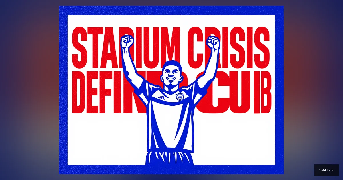 Screen-printed poster design of a Türkgücü München footballer celebrating, with bold text 'STADIUM CRISIS DEFINES CLUB' behind him, illustrating the club's ongoing venue challenges in Munich football