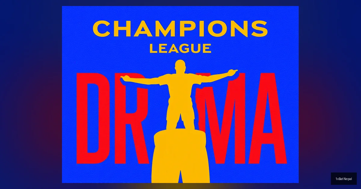 Kylian Mbappé celebrating a goal in a flat vector art style for UEFA Champions League knockout phase drama, with bold typography reading Champions League Drama, featuring navy blue, crimson red, and gold colors.