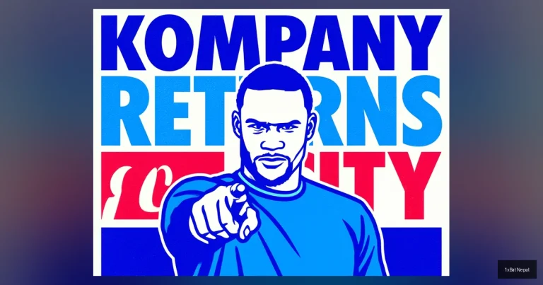 Vincent Kompany Manchester City manager return flat vector art poster with bold typography reading Kompany Returns to City in screen-printed graphic style