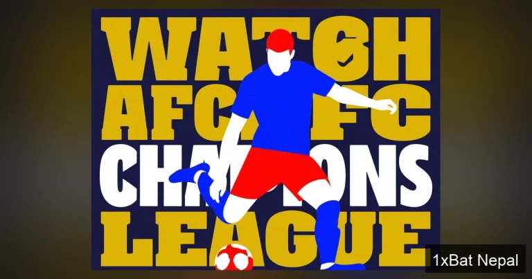Flat vector illustration of football player kicking ball with bold WATCH AFC CHAMPIONS LEAGUE text - streaming guide visual for Indian fans