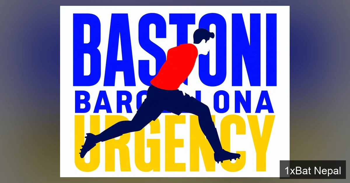 Flat vector art poster of Inter Milan defender Alessandro Bastoni in defensive action with bold text 'BASTONI BARCELONA URGENCY' highlighting transfer pressure to FC Barcelona