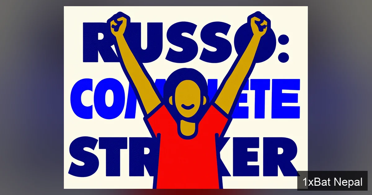 Alessia Russo celebrating a goal in a flat vector art poster style with bold text 'RUSSO: COMPLETE STRIKER', highlighting her as Europe's most complete striker for Arsenal Women's football.