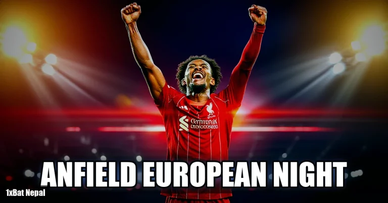 A cinematic photorealistic image of a Liverpool footballer celebrating a goal at Anfield under dramatic floodlights with crimson and gold lighting, capturing the intense atmosphere of a UEFA Champions League night.