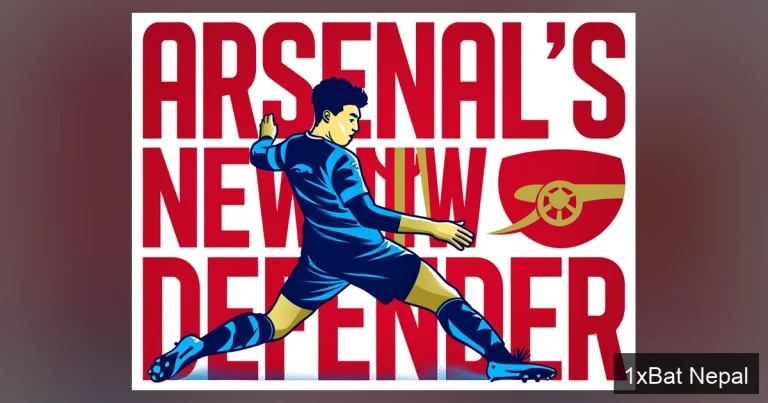 Flat vector art poster of a young Arsenal centre-back making a sliding tackle, with bold 'ARSENAL'S NEW DEFENDER' text, in navy blue, crimson red, and gold colors, minimalist style.